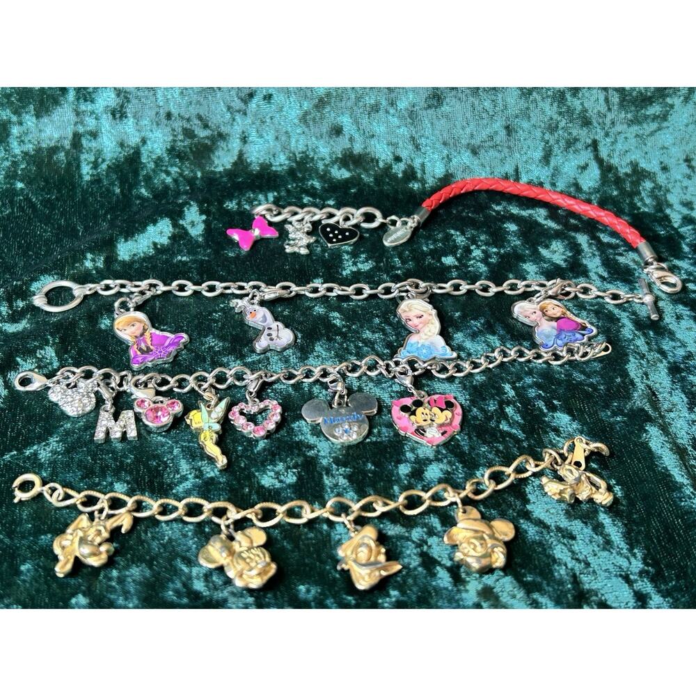Lot of 4 Vintage Disney Charm Bracelets Mixed Metal Silver & Gold Tone Mickey